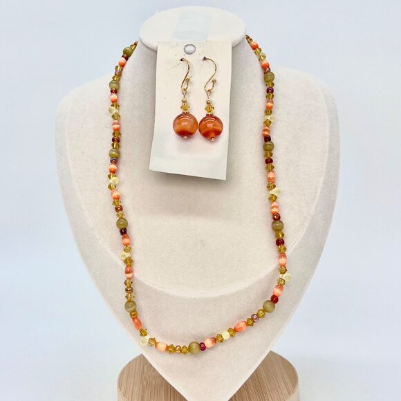 Handmade Beaded Necklace & Earrings Set Fall Colors Glass Beads Gold Tone - Picture 1 of 10
